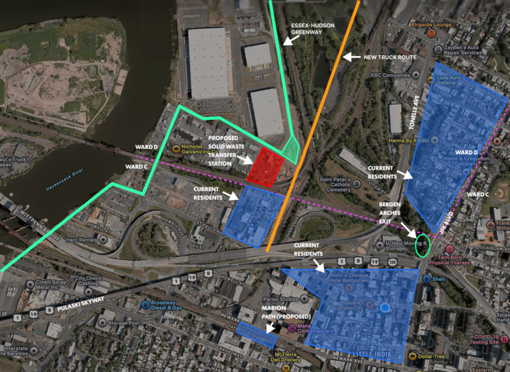 Aerial map of the area around 25 Van Keuren Avenue. The proposed facility is marked in red. Residential parcels within a one-mile radius are highlighted in blue. A green outline shows the one-mile boundary. A yellow line traces the primary truck route.